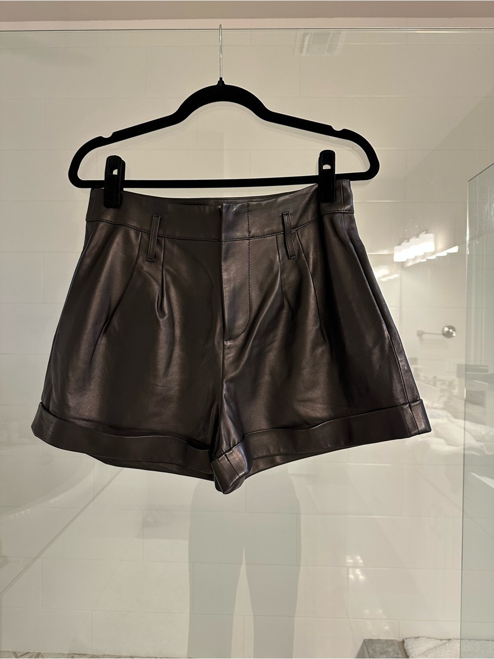 Frame Denim Black Leather High-Waist Pleated Shorts